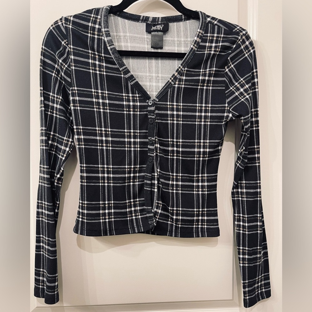 Black & gray plaid crop top button up size Small